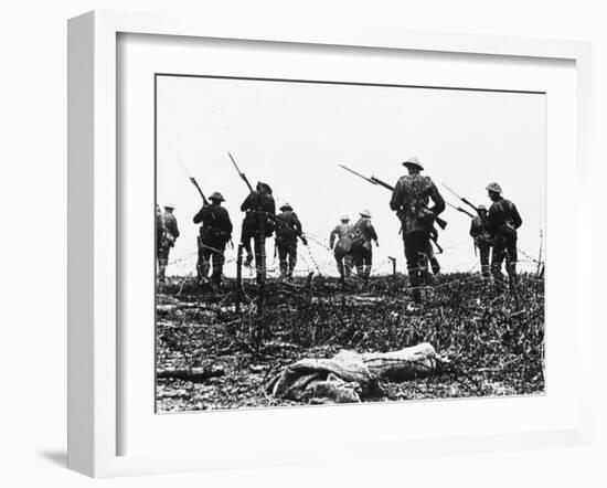 British Troops Advance Through Barbed Wire across No Mans Land-Robert Hunt-Framed Photographic Print