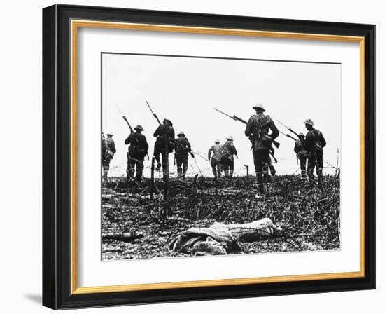 British Troops Advance Through Barbed Wire across No Mans Land-Robert Hunt-Framed Photographic Print