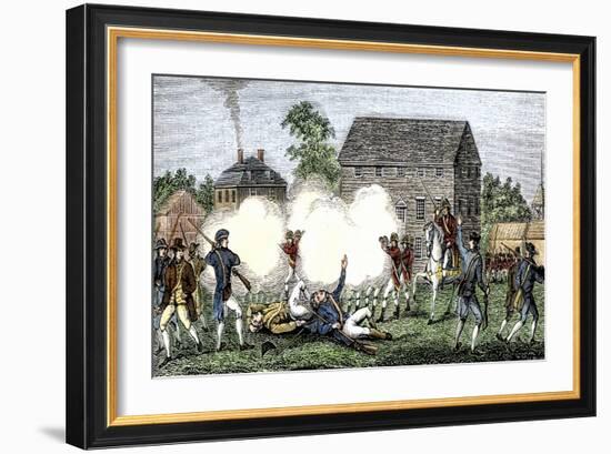 British Troops Firing on Americans at Lexington, First Battle of American Revolution, c.1775-null-Framed Giclee Print