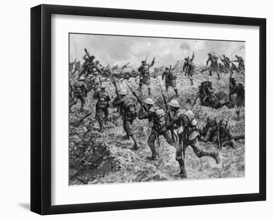British Troops Rushing German Positions During One of the Battles for the Somme During World War I-null-Framed Photographic Print