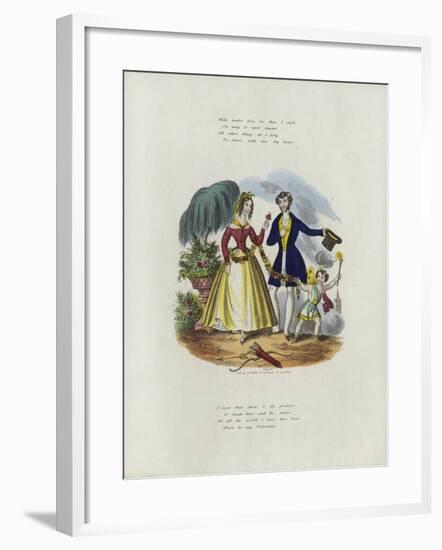 British Valentine Card with an Image of a Cherub Pulling a Woman Along with a String of Flowers-null-Framed Giclee Print