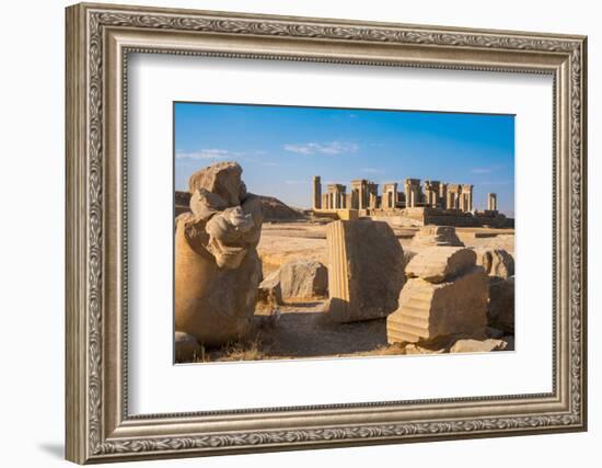 Broken bull column in foreground, Persepolis, UNESCO World Heritage Site, Iran, Middle East-James Strachan-Framed Photographic Print