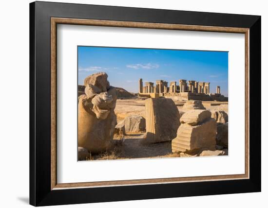 Broken bull column in foreground, Persepolis, UNESCO World Heritage Site, Iran, Middle East-James Strachan-Framed Photographic Print