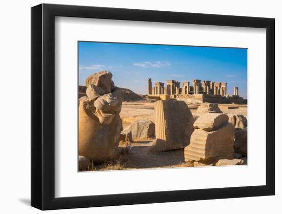 Broken bull column in foreground, Persepolis, UNESCO World Heritage Site, Iran, Middle East-James Strachan-Framed Photographic Print