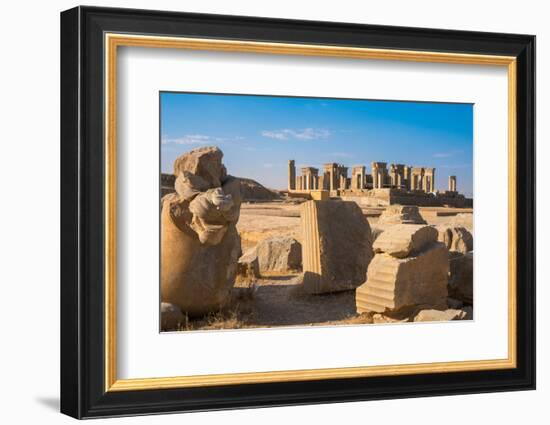 Broken bull column in foreground, Persepolis, UNESCO World Heritage Site, Iran, Middle East-James Strachan-Framed Photographic Print