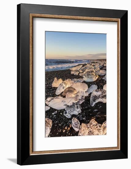 Broken Ice from Washed Upiicebergs on Jokulsarlon Black Beach at Sunrise-Neale Clark-Framed Photographic Print