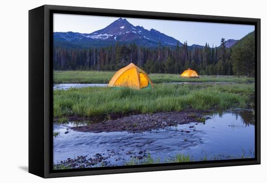 Broken Top Mountain and Camping Tent, Sparks Lake, Three Sisters Wilderness, Eastern Oregon, USA-Stuart Westmorland-Framed Premier Image Canvas