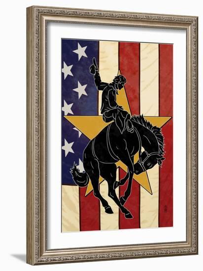 Bronco Bucking and Flag-Lantern Press-Framed Art Print