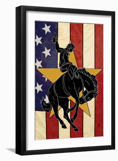Bronco Bucking and Flag-Lantern Press-Framed Art Print