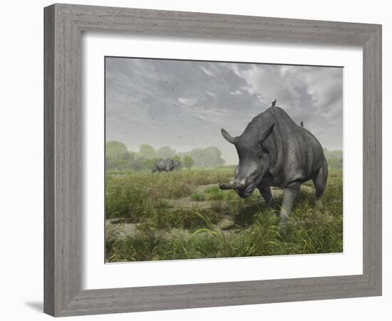 Brontotherium Wander the Lush Late Eocene Landscape-Stocktrek Images-Framed Photographic Print