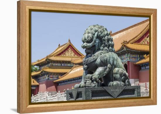 Bronze Lion Guarding the Entrance to the Gate of Supreme Harmony, Forbidden City, Beijing China-Michael DeFreitas-Framed Premier Image Canvas