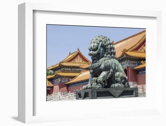 Bronze Lion Guarding the Entrance to the Gate of Supreme Harmony, Forbidden City, Beijing China-Michael DeFreitas-Framed Photographic Print