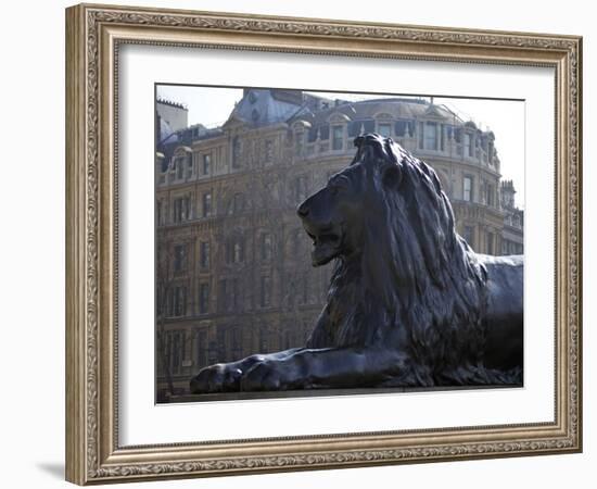 Bronze Lion Statue by Sir Edwin Landseer, Trafalgar Square, London, England, United Kingdom, Europe-Peter Barritt-Framed Photographic Print