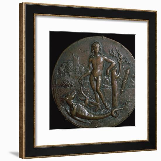 Bronze medallion of the Greek god Apollo and the serpent Python, 15th century-Antonio de Brescia-Framed Giclee Print