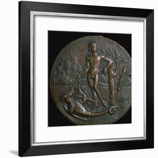 Bronze medallion of the Greek god Apollo and the serpent Python, 15th century-Antonio de Brescia-Framed Giclee Print