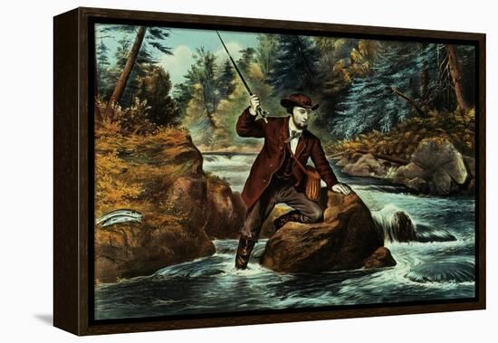 Brook Trout Fishing, an Anxious Moment, 1862-Currier & Ives-Framed Premier Image Canvas