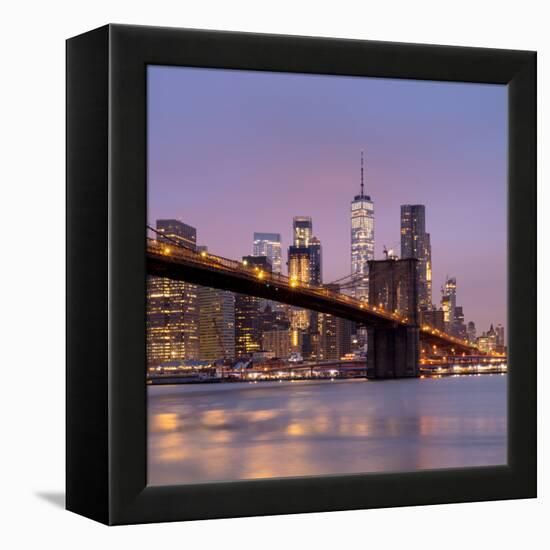 Brooklyn Bridge and Lower Manhattan skyline at dawn City-Ed Hasler-Framed Premier Image Canvas