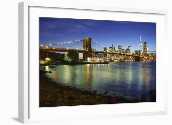 Brooklyn Bridge and Manhattan Skyline at Dusk from Brooklyn Bridge Park-Amanda Hall-Framed Photographic Print
