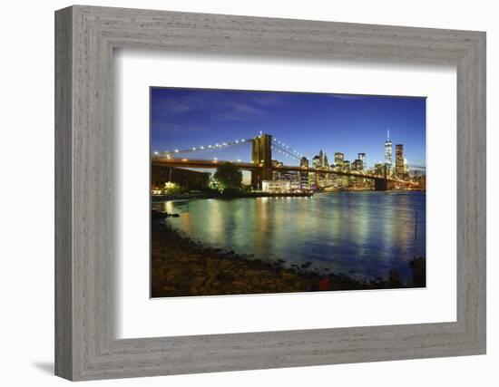 Brooklyn Bridge and Manhattan Skyline at Dusk from Brooklyn Bridge Park-Amanda Hall-Framed Photographic Print