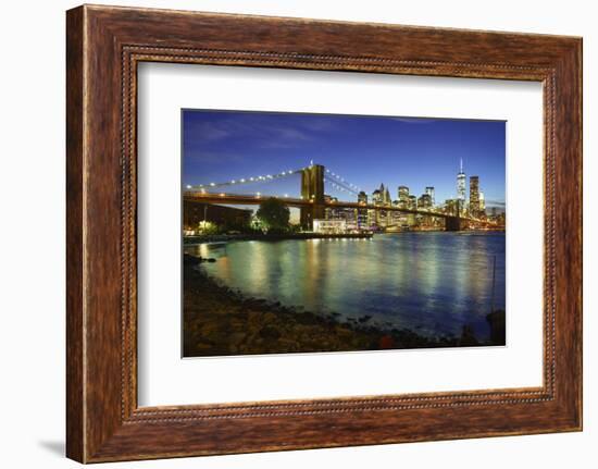 Brooklyn Bridge and Manhattan Skyline at Dusk from Brooklyn Bridge Park-Amanda Hall-Framed Photographic Print