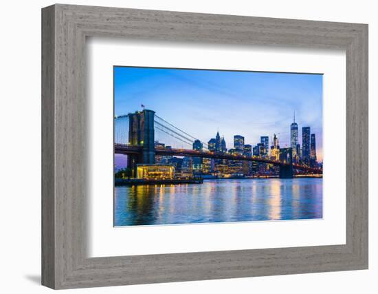 Brooklyn Bridge and Manhattan skyline at dusk, New York City, United States of America, North Ameri-Fraser Hall-Framed Photographic Print