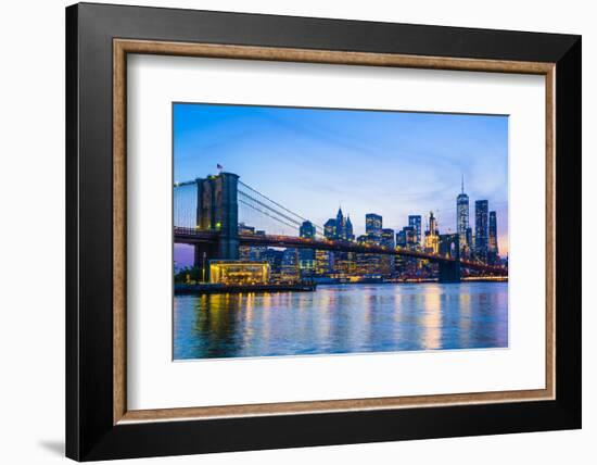 Brooklyn Bridge and Manhattan skyline at dusk, New York City, United States of America, North Ameri-Fraser Hall-Framed Photographic Print