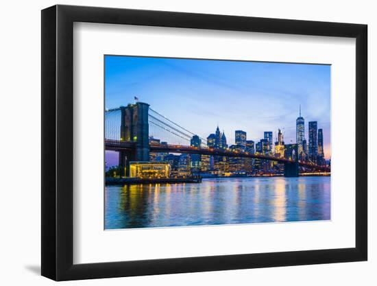 Brooklyn Bridge and Manhattan skyline at dusk, New York City, United States of America, North Ameri-Fraser Hall-Framed Photographic Print