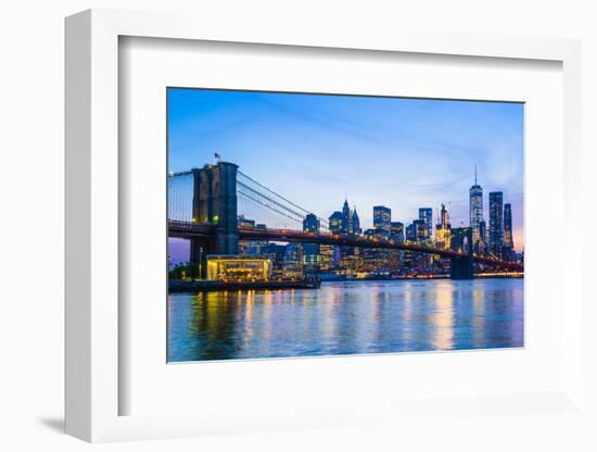 Brooklyn Bridge and Manhattan skyline at dusk, New York City, United States of America, North Ameri-Fraser Hall-Framed Photographic Print