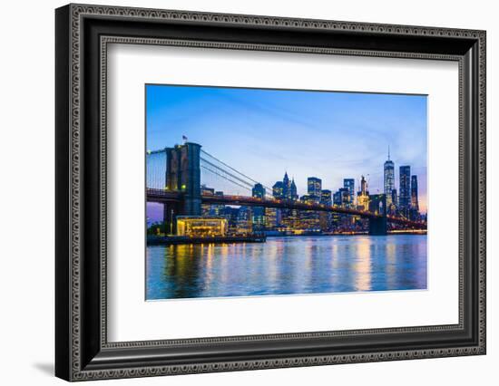 Brooklyn Bridge and Manhattan skyline at dusk, New York City, United States of America, North Ameri-Fraser Hall-Framed Photographic Print