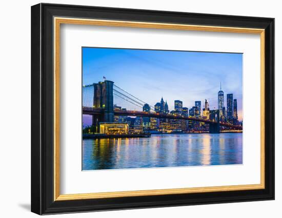 Brooklyn Bridge and Manhattan skyline at dusk, New York City, United States of America, North Ameri-Fraser Hall-Framed Photographic Print