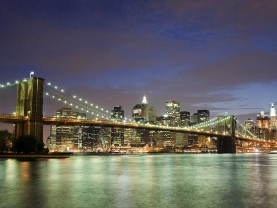 Brooklyn Bridge and Manhattan Skyline at Dusk Photographic Print by ...