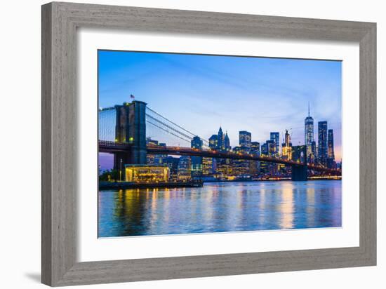 Brooklyn Bridge and Manhattan skyline at sunset, New York City, New York, USA, North America-Fraser Hall-Framed Photographic Print