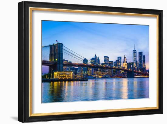 Brooklyn Bridge and Manhattan skyline at sunset, New York City, New York, USA, North America-Fraser Hall-Framed Photographic Print