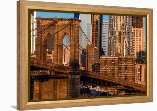 Brooklyn Bridge and Manhattan Skyline features One World Trade Center at Sunrise, NY NY-null-Framed Premier Image Canvas