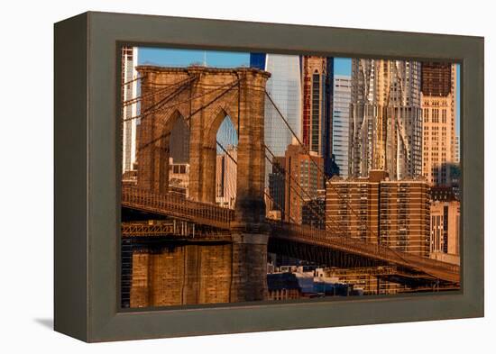 Brooklyn Bridge and Manhattan Skyline features One World Trade Center at Sunrise, NY NY-null-Framed Premier Image Canvas