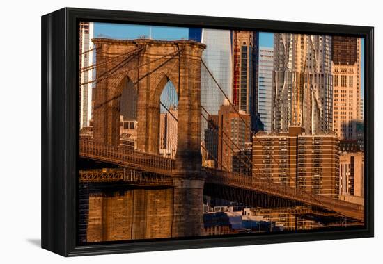 Brooklyn Bridge and Manhattan Skyline features One World Trade Center at Sunrise, NY NY-null-Framed Premier Image Canvas