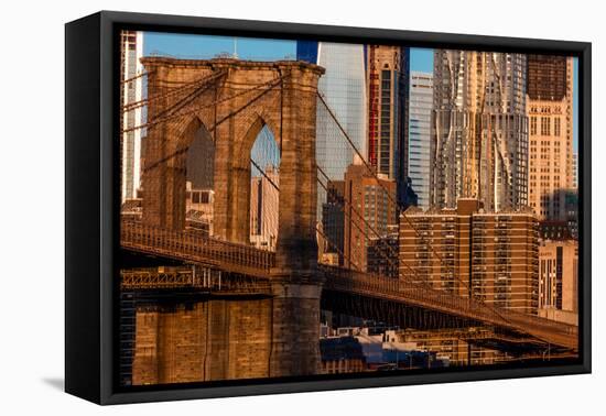 Brooklyn Bridge and Manhattan Skyline features One World Trade Center at Sunrise, NY NY-null-Framed Premier Image Canvas