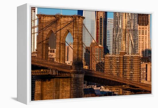 Brooklyn Bridge and Manhattan Skyline features One World Trade Center at Sunrise, NY NY-null-Framed Premier Image Canvas