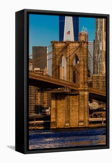 Brooklyn Bridge and Manhattan Skyline features One World Trade Center at Sunrise, NY NY-null-Framed Premier Image Canvas