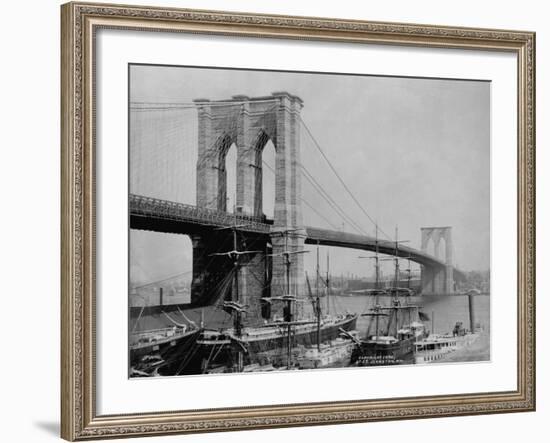 Brooklyn Bridge and Sailing Ships-J.S. Johnston-Framed Photographic Print