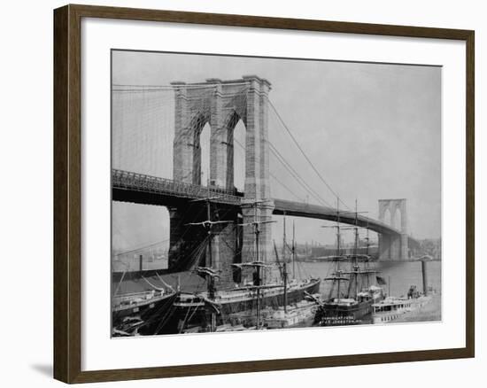 Brooklyn Bridge and Sailing Ships-J.S. Johnston-Framed Photographic Print