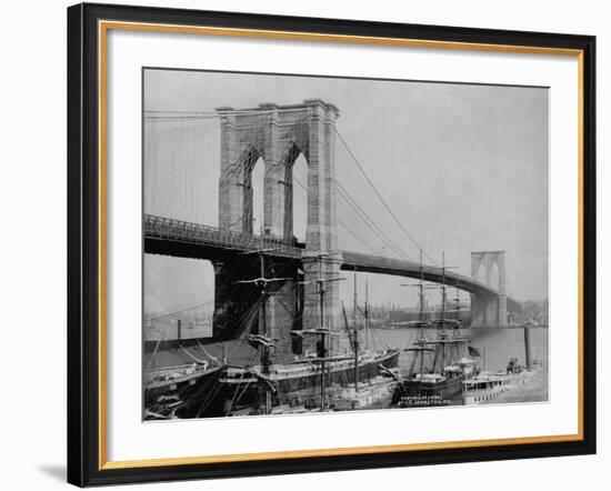 Brooklyn Bridge and Sailing Ships-J.S. Johnston-Framed Photographic Print