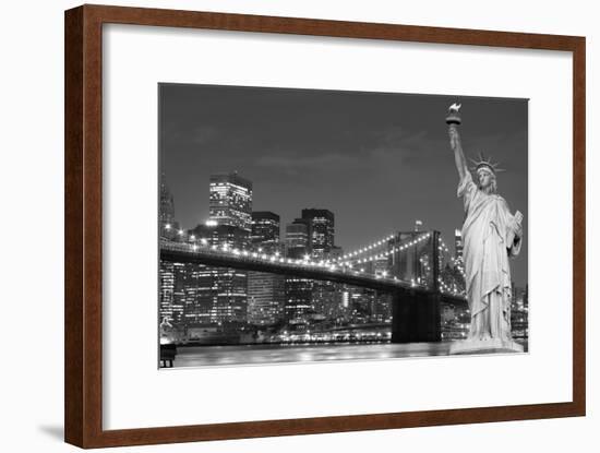 Brooklyn Bridge and the Statue of Liberty at Night, New York City-Zigi-Framed Photographic Print