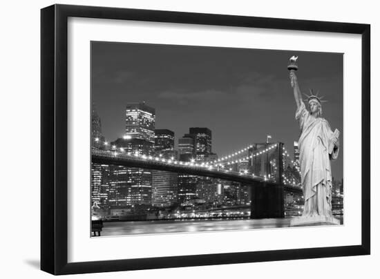 Brooklyn Bridge and the Statue of Liberty at Night, New York City-Zigi-Framed Photographic Print