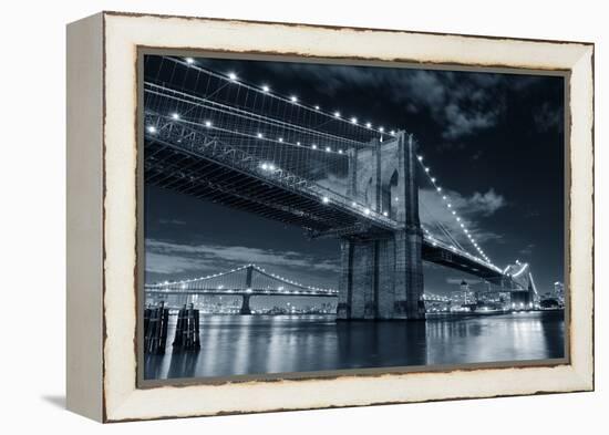 Brooklyn Bridge over East River at Night in Black and White in New York City Manhattan with Lights-Songquan Deng-Framed Premier Image Canvas