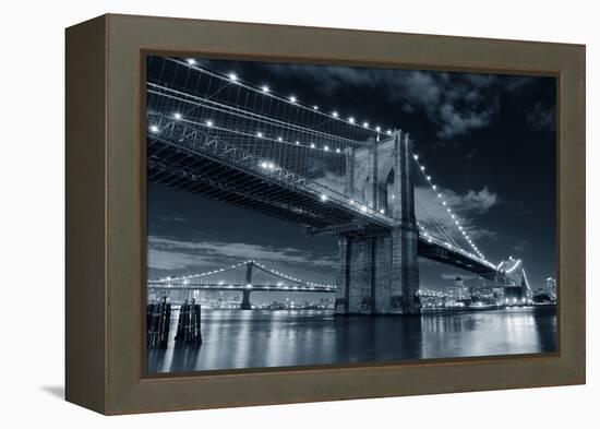 Brooklyn Bridge over East River at Night in Black and White in New York City Manhattan with Lights-Songquan Deng-Framed Premier Image Canvas