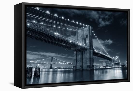 Brooklyn Bridge over East River at Night in Black and White in New York City Manhattan with Lights-Songquan Deng-Framed Premier Image Canvas