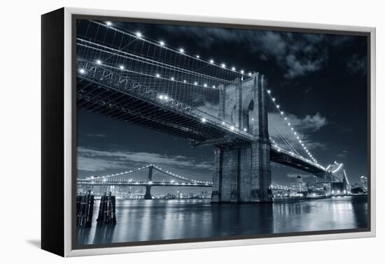 Brooklyn Bridge over East River at Night in Black and White in New York City Manhattan with Lights-Songquan Deng-Framed Premier Image Canvas