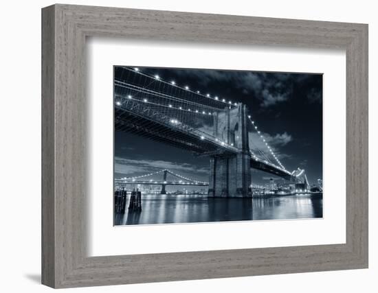 Brooklyn Bridge over East River at Night in Black and White in New York City Manhattan with Lights-Songquan Deng-Framed Photographic Print