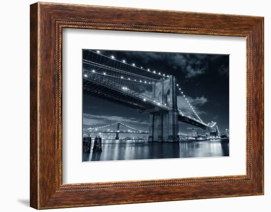 Brooklyn Bridge over East River at Night in Black and White in New York City Manhattan with Lights-Songquan Deng-Framed Photographic Print